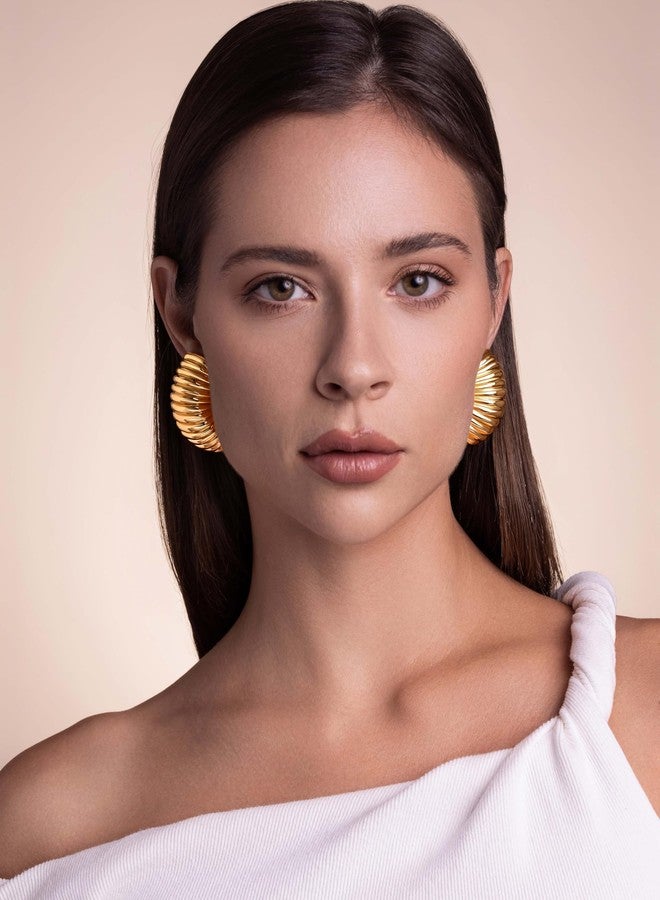Sngia Large 18K gold plated Chunky Clip on Statement Earrings for Women, Bold Handmade Exaggerated Trendy Seashell Ribbed Jewelry Gifts, Curved Half Circle Textured Summer Beach Fashion Earrings Accessories, Big Vintage Irregular Hammered Thick Circular Nickle Free Cuff Huggie Earrings. - Image 2